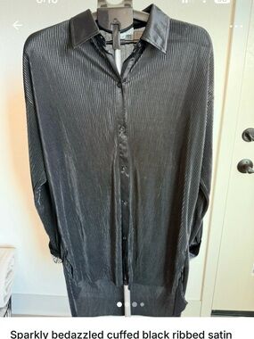 Black Ribbed Satin Button-Up Shirt